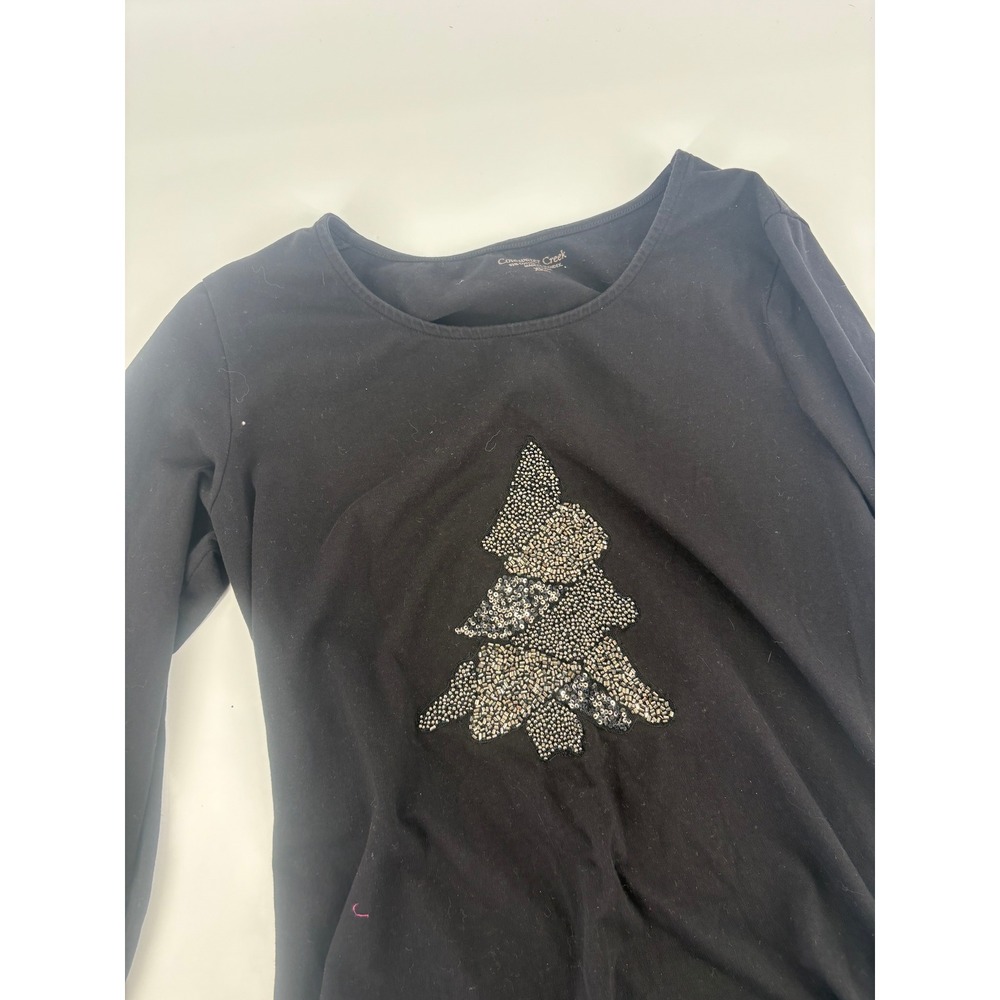Coldwater Creek Black Embellished Christmas Tree Long‎ Sleeve Top Womens XS 4